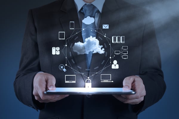 Businessman hand working with a Cloud Computing diagram on the new computer interface as concept