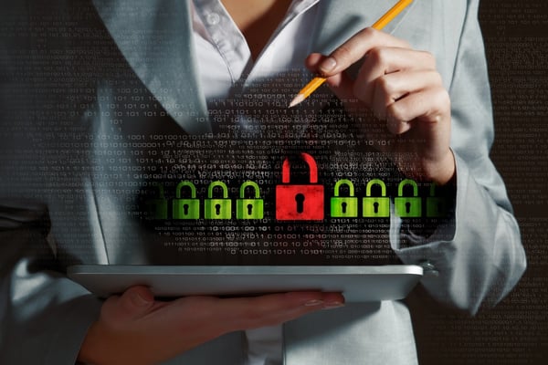 Businesswoman holding tablet pc entering password. Security concept-2
