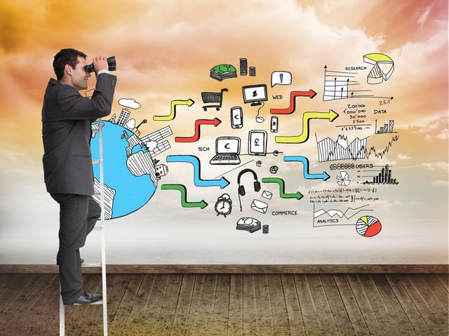 Composite image of businessman standing on ladder holding binoculars.jpeg