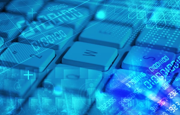 Computer keyboard with glowing codes, programming concept